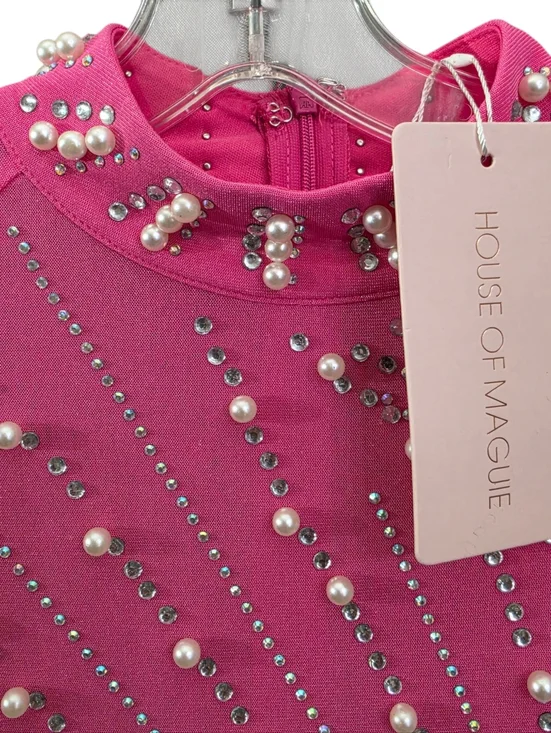 Nwt House Of Maguie Hot Pink Longsleeve Rhinestone,feathers & pearls Party Dress - Picture 4 of 16